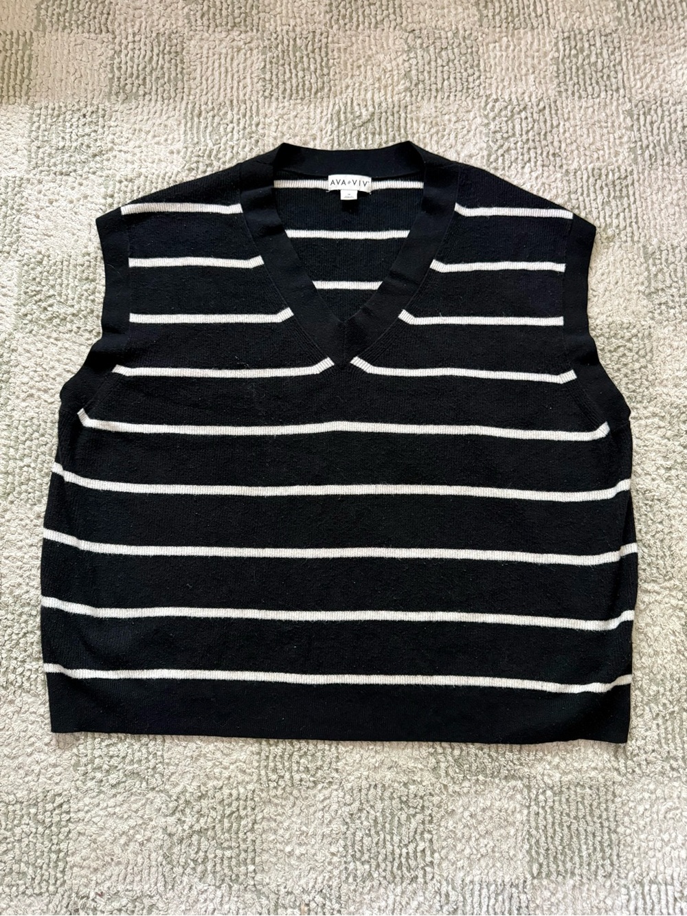 Women’s Black & White Striped V-Neck Sweater Vest